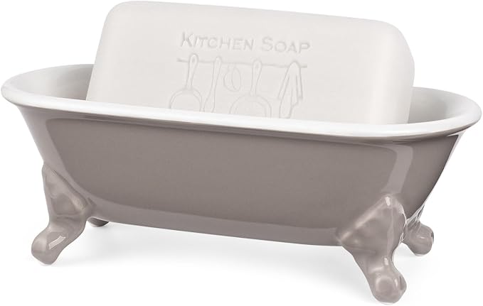 6.5" Ceramic Mini Decorative Clawfoot Bathtub Bar Soap Dish, Kitchen Sponge Holder and Shower Tray for Bathroom, 1 Pack(Taupe)