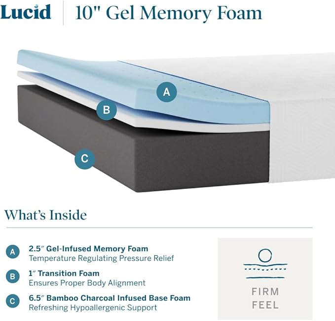 LUCID 10 Inch Memory Foam Mattress - Firm Feel - Infused with Bamboo Charcoal and Gel - Bed in a Box - Temperature Regulating - Pressure Relief - Breathable - California King Size