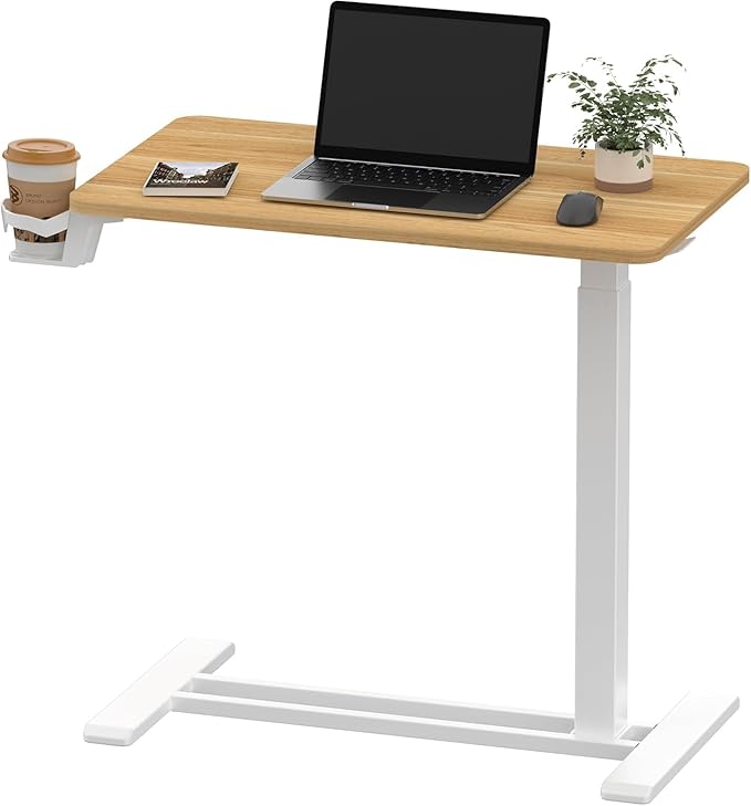 SANODESK Mobile Standing Desk with Hidden Wheels,Pneumatic Laptop Desk Rolling Computer Cart Movable Height Adjustable Small Sit Stand Desk for Home Office(27.6" W x 15.7" D,Maple)