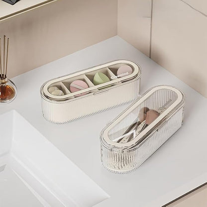 Makeup Brush Holder Organizer, Clear Acrylic Makeup Sponges Organizer, Cosmetic Storage Case with Lid, Display Case for Vanity