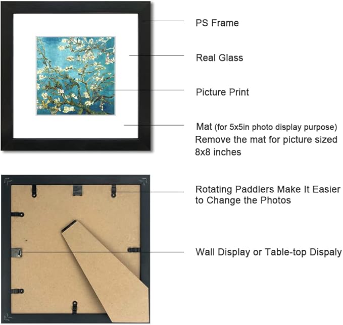 8x8 Picture Frame Set of 6 with Real Glass for Pictures 5x5 with Mat or 8x8 Without Mat, Wall Gallery or Tabletop display Photo Frames in Black