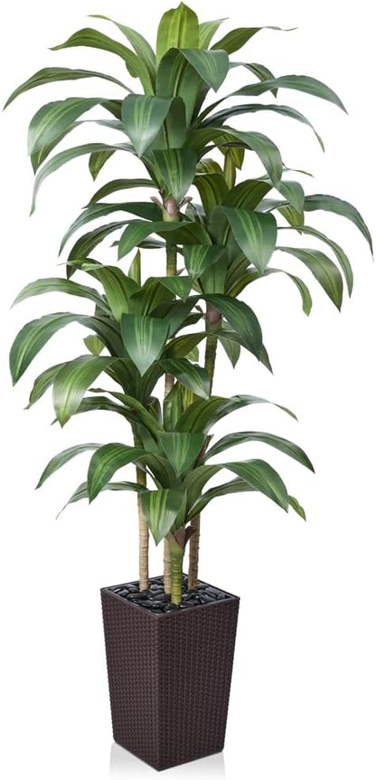 Artificial Dracaena Tree 6FT - Fake Tree with Brown Taper Planter & Pebbles - UV Resistant Faux Yucca Tropical Plant - Artificial Trees for Home Office Living Room Decor Indoor Outdoor