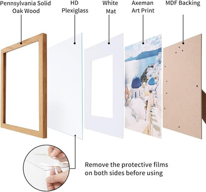 Axeman Solid Oak Wood Frame - 8x10 with Mat for 5x7, Plexiglass and Hanging Hardware Included - Natural, 3 PCs