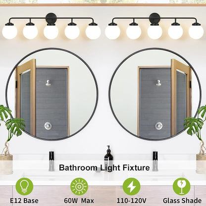 Bathroom Light Fixtures Over Mirror, 5-Light Matte Black Vanity Lighting with Milk White Glass Globe Shades Modern Wall Sconce