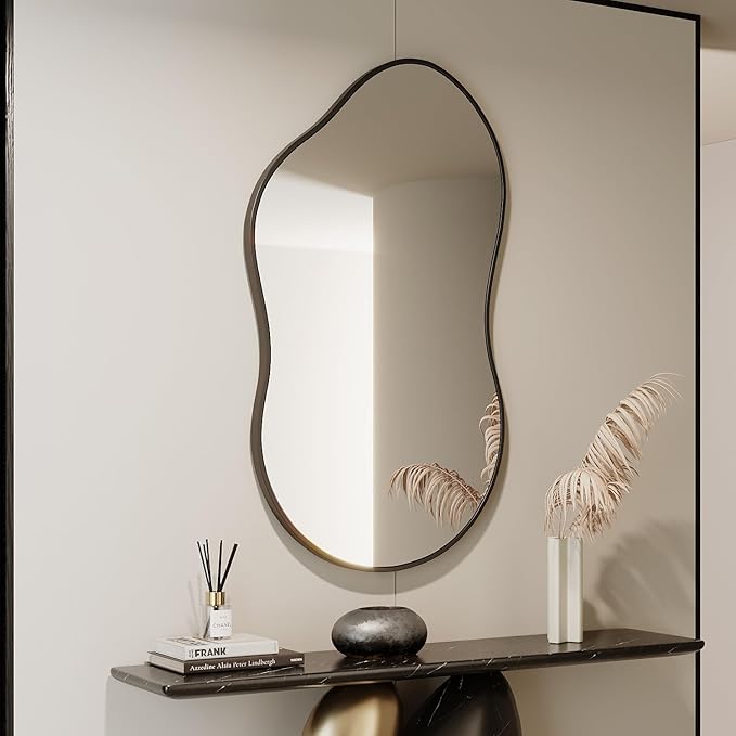 Irregular Wall Mirror - 26''×46'' Asymmetrical Decorative Tempered Glass Aluminum Alloy Framed Mirrors Cloud Mirror Wavy Mirrors for Bathroom, Bedroom, Living Room, Entryway（Black）