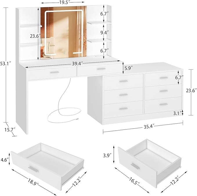 Vanity Makeup Desk with LED Light Mirror & Power Outlet, 8 Drawers, 6 Storage Shelves, 3 Color Modes & Adjustable Brightness Dressing Table, Corner Vanity, L Shape Change, 39.4”Desk, White