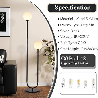 Mid Century Black U-Shape Floor Lamp 60inch Tall Globe Glass Stand Floor Light Modern Black Floor Lamp for Living Room Bedrooms Offices,Milk White Glass Lampshade,G9 Bulb