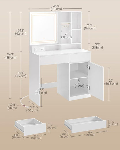 VASAGLE Kailyn Collection - 35.4-Inch Wide Vanity Desk with Mirror and Lights, Power Outlets, Vanity Table with Jewelry Storage, Adjustable Shelves, for Bedroom, Cloud White URDT132WB03S