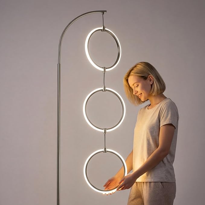 Bairth Silver 3-Light LED Floor Lamp, Modern Arc Floor Lamp for Living Room, Industrial Stepless Dimmable & 3-Way Dimmable Tall Arch Standing Floor Lamp for Reading, Bedroom, Office, Brushed Nickel
