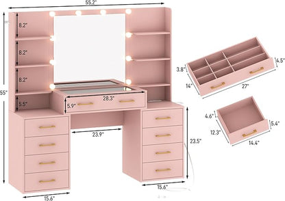 55 in Glass Top Vanity Desk with Mirror and Lights, Large Vanity Makeup Mirror Desk with Charging Station Compartment Storage Drawers, Modern Makeup Vanity with 9 Drawers 6 Shelves, Pink