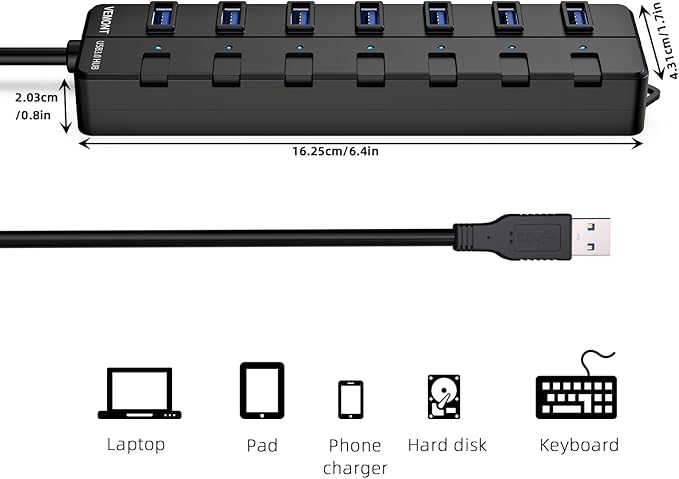 VEMONT 7-Port USB 3.0 Hub Suitable