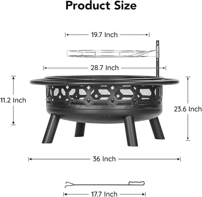 Florise 36 Inch Fire Pit, Outdoor Wood Burning Firepit with Removable Grill & Poker, Heavy Duty Metal Round Fireplace,2 in 1 Large Bonfire for Outside,BBQ,Yard,Patio
