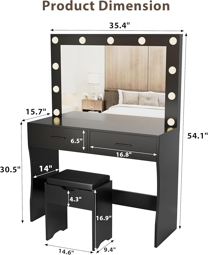Furmax Vanity Desk Set with Large Lighted Mirror, 35.4 Inch Makeup Vanity Table with 2 Drawers, Cushioned Storage Stool, 3 Lighting Modes Brightness Adjustable, Dressing Table for Bedroom (Black)