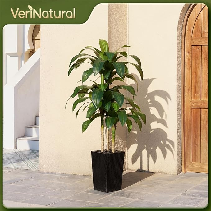 Artificial Dracaena Tree 5FT - Fake Tree with Black Taper Planter & Pebbles - UV Resistant Faux Yucca Tropical Plant - Artificial Trees for Home Office Living Room Decor Indoor Outdoor