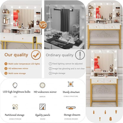 Vanity Desk with Mirror and Lights,Large Desktop Makeup Vanity Desk with 3 Color Modes Adjustable Bulb,2 Large Drawers for Bedroom/Hair Salon/Beauty Shop and Other Scenes White