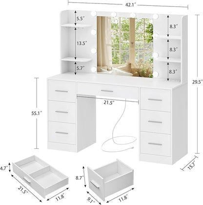 Large Makeup Vanity, 42.1" Vanity Desk with Mirror and Lights, Makeup Vanity Table with 7 Drawers, 4 Shelves, 5 Jewel Hooks & Power Strip, Vanity Desk Set for Bedroom, White