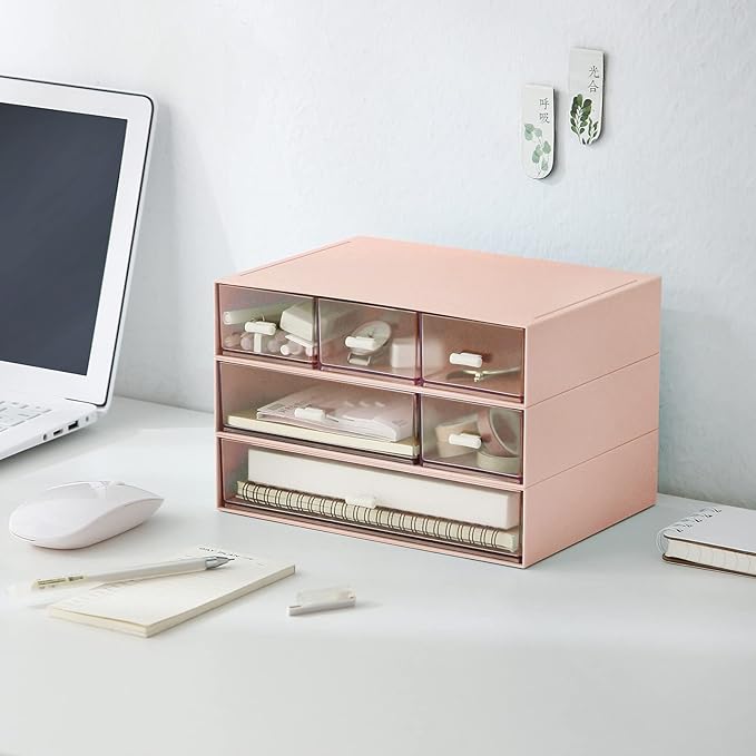 Desk Organizer with 6 Drawers, Makeup Organizer, Plastic Makeup Storage, Cosmetic Storage Organizer, Desk Storage Box, Bathroom Organization Boxes, Desktop Storage Box(Pink)