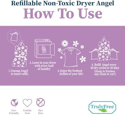 Dryer Angel - Natural Dryer Sheet Alternative, Non-Toxic Reusable Fabric Softener Sheets and Scent Booster, Safe for Babies and Sensitive Skin, Laundry Room Essentials - 2 Packs + 2 Refills