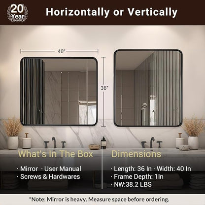 ANDY STAR 40X36 Inch Black Bathroom Mirror, Black Bathroom Vanity Mirrors for Wall, Rounded Rectangle Mirror for Bathroom, Seamless Tube Metal Frame, 1’’ Deep Wall Mounted Vertical/Horizontal