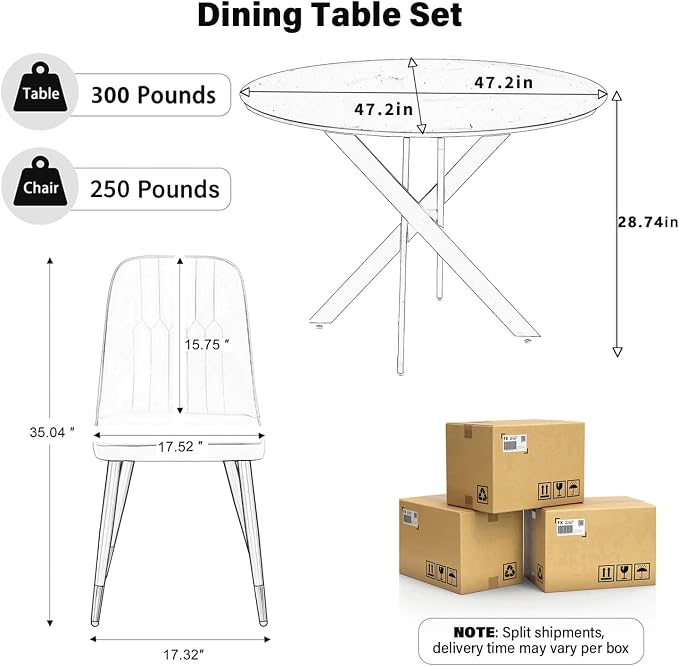 RGZ Mid Century White Round Dining Table Set for 6, 47" Large Wooden Circle Kitchen Table & 6 Light Gray PU Leather Kitchen Chairs, Dinner Table Set for Home, Apartment, Dining Room