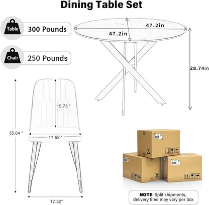 RGZ Mid Century White Round Dining Table Set for 6, 47" Large Wooden Circle Kitchen Table & 6 Light Gray PU Leather Kitchen Chairs, Dinner Table Set for Home, Apartment, Dining Room