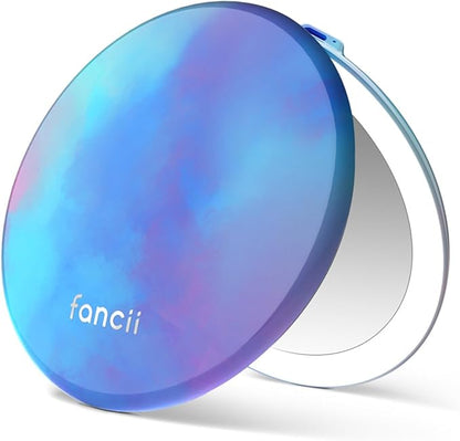 Fancii Taylor Travel Makeup Mirror with LED Light, Rechargeable, 10x /1x Magnifying & 3 Light Settings - Compact, Large 5” Wide Mirror for Handbag and Purses (Lavender Lagoon)