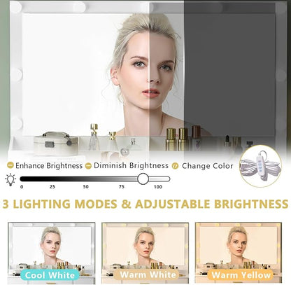 Makeup Vanity Desk with Large Lighted Mirror and Lights, Glass Top Vanity Table Set with 7 Drawers, Power Outlet & Storage Stool, Dressing Table with RGB Ambient Light for Women Girls Bedroom, White