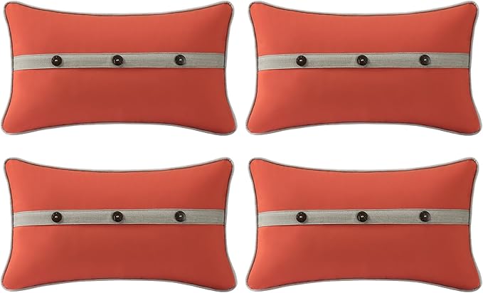 Outdoor Sunbrella Decorative Pillows with Triple Coconut Buttons Pack of 4, 20" x 12" Outdoor Pillow Set for Couch Bed Throw Patio Sofa, Canvas Melon/Cast Ash