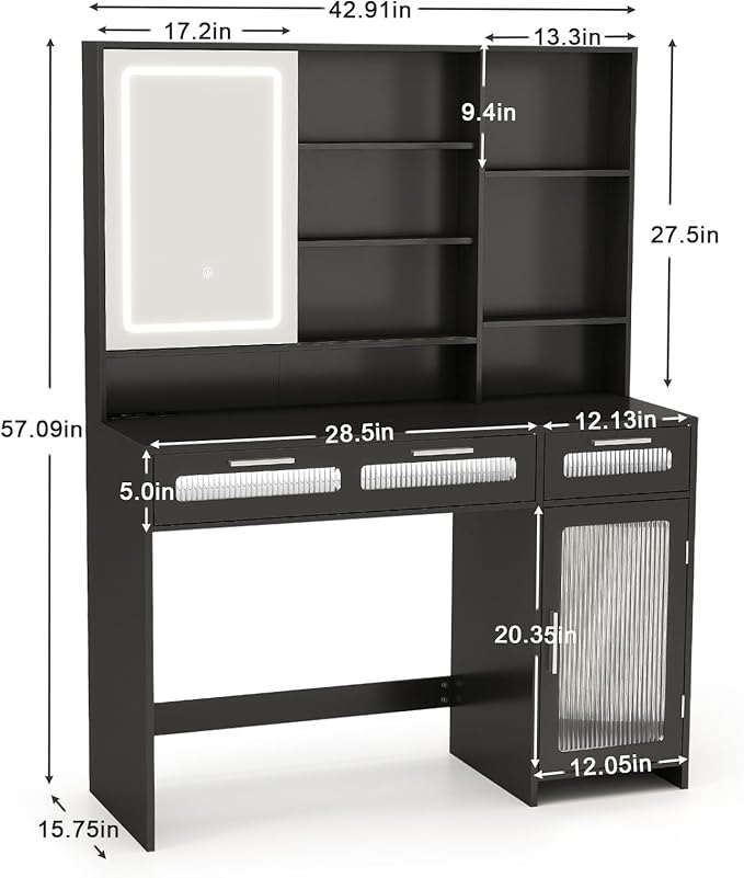 Hadulcet Vanity Desk with Mirror and Lights, LED Vanity with Power Outlet, Makeup Vanity with 2 Drawers, 10 Storage Shelves and Acrylic Door Cabinet for Bedroom Dressing Room, 43" Black