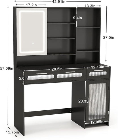 Hadulcet Vanity Desk with Mirror and Lights, LED Vanity with Power Outlet, Makeup Vanity with 2 Drawers, 10 Storage Shelves and Acrylic Door Cabinet for Bedroom Dressing Room, 43" Black
