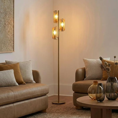 Brightech Lyra LED Tree Floor Lamp for Mid-Century Modern, Contemporary, Industrial Décor, 3 Light Head Standing Lamp with Metal Cage Shade, Standing Pole Tall Lamp for Living Room, Bedroom - Brass
