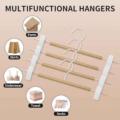 Wooden Pants Hangers with Clips 10 Pack Adjustable Wood Skirt Hangers for Women&Men Space Saving Closet Non Slip Clothes Hanger for Jeans,Trousers,Short,12Inch Natural