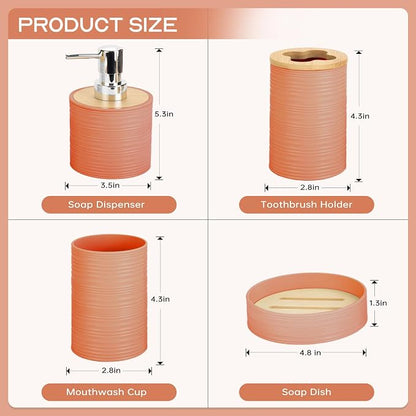 4 Pieces Bamboo Bathroom Accessories Set, Bathroom Accessory Set with Soap Dispenser and Toothbrush Holder, Soap Dish and Toothbrush Cup, Boho Bathroom Decor(Orange)