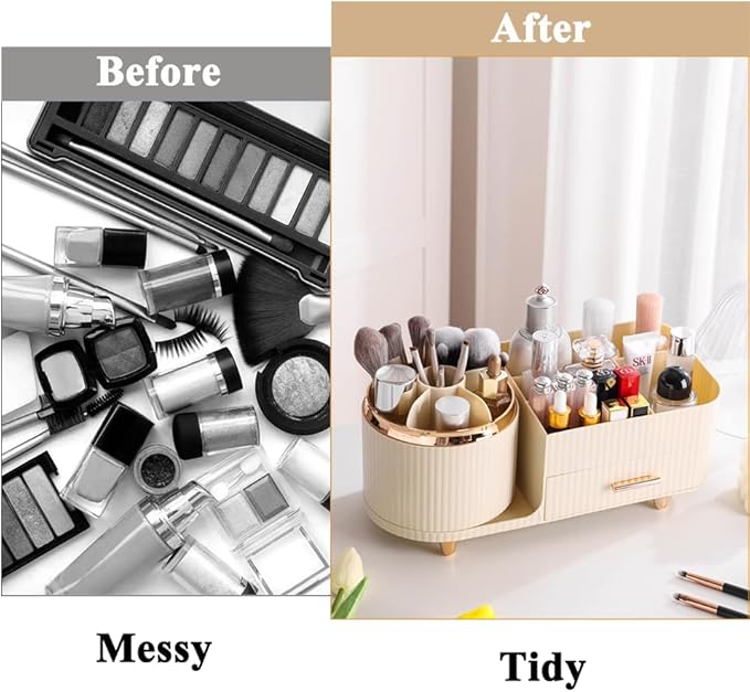 Makeup Organizer Countertop with Drawer 360 Rotating Brush Holder Storage Large Capacity Skincare Cosmetic Display Cases for Vanity Bathroom Desktop, Model 3016 Cream