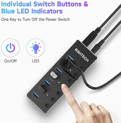 Powered UBS Hub, RSHTECH 7 Port USB 3.0/USB C Hub Upgraded Version Aluminum USB