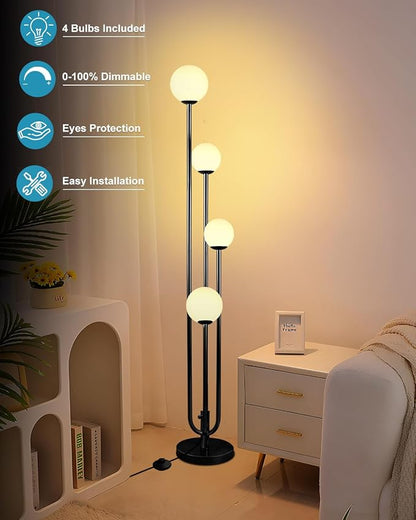 63IN 4-Light Dimmable Floor Lamp, Unique Black Tall Standing Lamps with Globe Shade &3000K Bulbs for Reading, Mid Century Modern Floor Lamp with 5Lbs Heavy Base for Living Room Bedroom Office