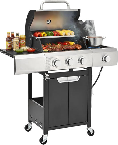 EUHOME 40,500 BTU 3-Burner Propane Gas Grill with Side Burner,Stainless Steel Outdoor BBQ Grill Portable with Wheels and Cast Iron Grates for Patio Garden Barbecue Cooking