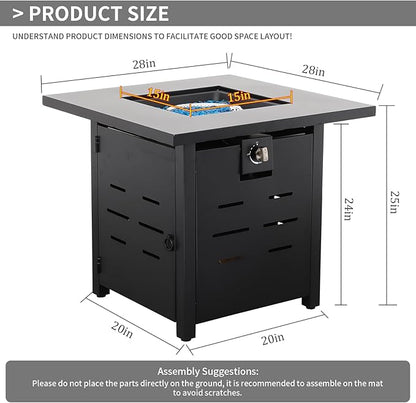 Propane Fire Pit 28 Inch Outdoor Fire Pit 50000 BTU Square Gas Fire Table with Steel Lid Blue Crystal Beads and Waterproof Cover for Outside Patio and Garden