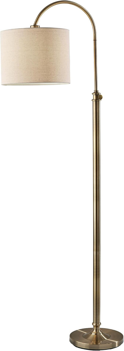 Adesso Antique Brass Floor Lamp with Oatmeal Linen Shade – Adjustable Height Accent Light for Bedroom, Living Room, or Home Office, up to 68” Tall