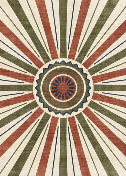 5x7 Retro Sunburst Medallion Area Rug - Non-Slip Washable Low Pile, Rust Red Olive Green Navy Pattern Carpet for Bedroom, Living Room, Dining Area, Home Office