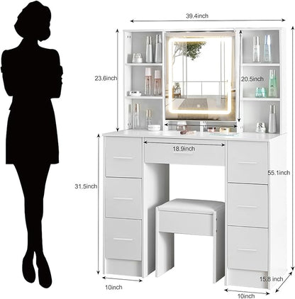 39" W Makeup Vanity Desk with Mirror and Lights, White Vanity Set with 7 Drawers and 8 Storage Shelves, Vanity Table with Adjustable LED Lights and Stool, Dressing Table for Girls, White