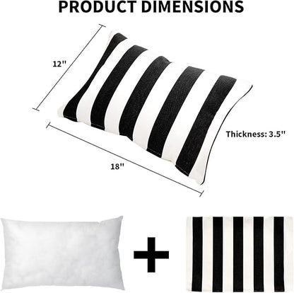 Decorative Patio Throw Pillows Pack of 2 Water Resistant Pillow Set of 2(18" x 12") Double Printed Rectangle Pillow for Outdoor Sofa&Chair,Black Stripes