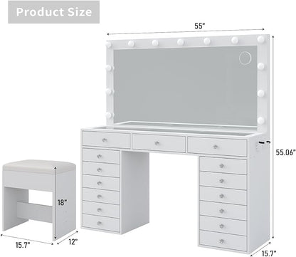 55" W Vanity Desk, Makeup Vanity with Charging Station, 15 Drawers with Lighted Mirror, 3 Lighting Modes, Brightness Adjustable, Glass Top, Vanity Table with Chair for Bedroom, White