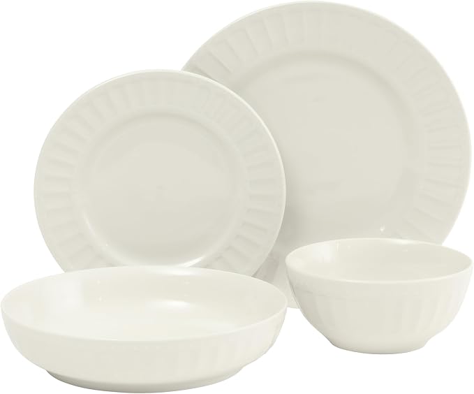 Gibson Home Melbourne White Plates and Bowls Set, 16 Piece Embossed Ceramic Dinnerware Set - Service for 4 Dishes - With Pasta Bowl