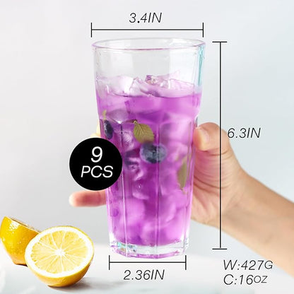 Etolies Highball Drinking Glasses Set of 9, Water Glasses 16 oz,Iced Tea Glasses for Water, Juice, Cocktails,Milkshake,Coke,Soda,Beverages. Heavy Base Tumbler,Kitchen and Bar Glassware,Gifts for Dad