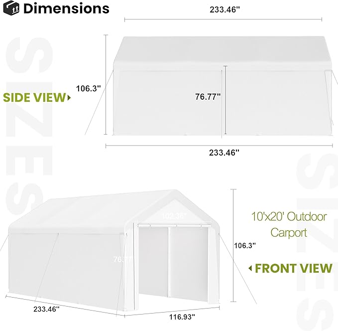 GOJOOASIS 10x20 Carport Heavy Duty Portable Garage Shelter Metal Car Canopy Tent with UV-Resistant & Weatherproof Top Cover for RV & Vehicles (White, 10x20 with sidewalls)