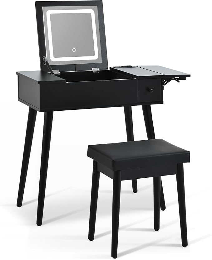 Black Makeup Vanity Desk with Flip Top Mirror and LED Light, Dressing Table Set with Cushioned Stool, Charging Station, 2 Drawers and Fold-up Panel for Bedroom ﻿
