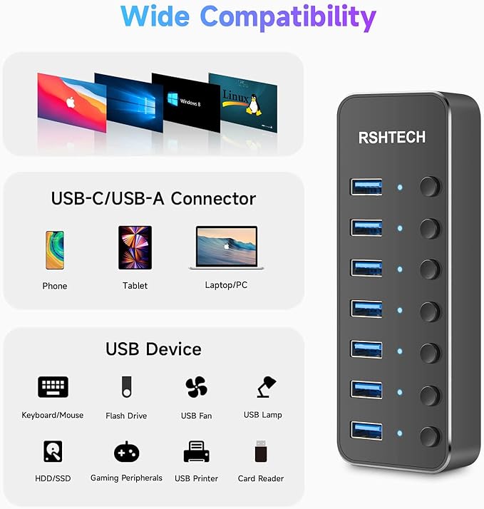 Powered UBS Hub, RSHTECH 7 Port USB 3.0/USB C Hub Upgraded Version Aluminum USB