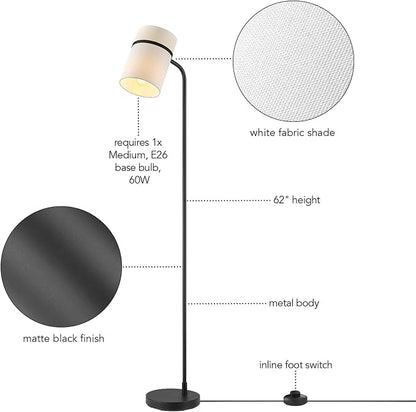 Globe Electric 61000145 62" Floor Lamp, Matte Black, White Fabric Shade, in-Line of/Off Foot Switch, 6-Foot Black Cord, Reading Light, Bedroom, Living Room, Home Decor
