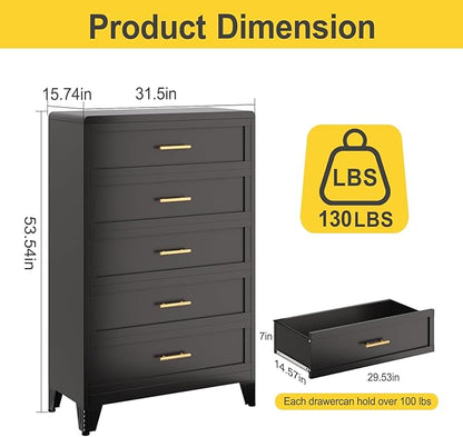 5 Drawers Tall Black Dresser for Bedroom, 52.16" Metal Dressers & Chests of Drawers Curved Corner Design, Storage Organizer Drawer Chest with Large Capacity for Living Room, Hallway, Entryway